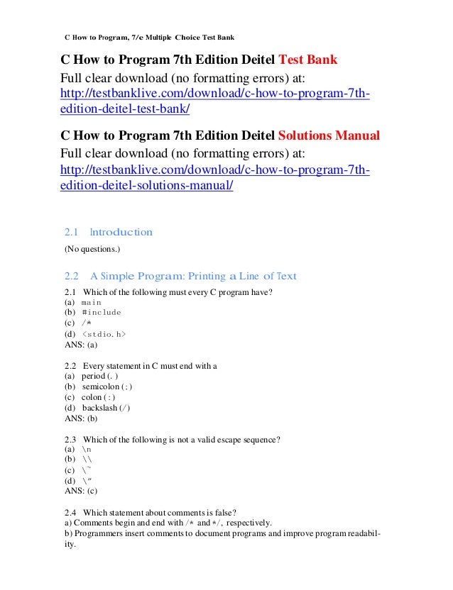 C How To Program 7th Edition Deitel Test Bank