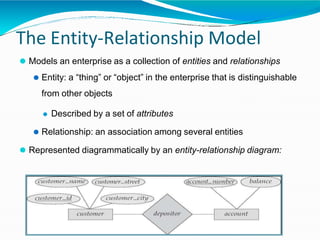 The Entity-Relationship Model
⚫ Models an enterprise as a collection of entities and relationships
⚫ Entity: a “thing” or “object” in the enterprise that is distinguishable
from other objects
⚫ Described by a set of attributes
⚫ Relationship: an association among several entities
⚫ Represented diagrammatically by an entity-relationship diagram:
 