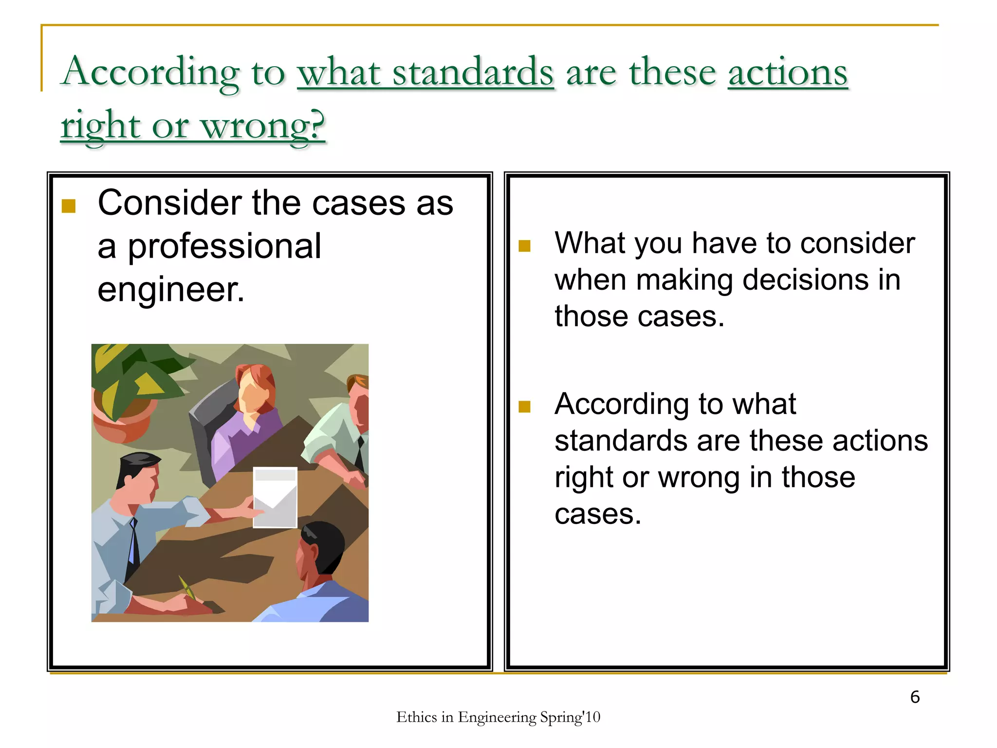 Ethics in Engineering Spring'10
6
According to what standards are these actions
right or wrong?
 Consider the cases as
a professional
engineer.
 What you have to consider
when making decisions in
those cases.
 According to what
standards are these actions
right or wrong in those
cases.
 