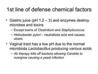 1st line of defense chemical factors Gastric juice (pH 1.2 – 3) and enzymes destroy microbes and toxins Except toxins of  Clostridium  and  Staphylococcus Helicobacter pylori  – neutralizes acid and causes ulcers Vaginal tract has a low pH due to the normal microbiota  Lactobacillus producing various acids Ab therapy kills off bacteria allowing Candida to overgrow causing a yeast infection 