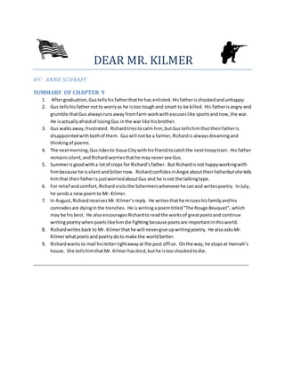 DEAR MR. KILMER
BY: ANNE SCHRAFF
SUMMARY OF CHAPTER 9
1. Aftergraduation,Gustellshisfatherthathe has enlisted.Hisfatherisshockedandunhappy.
2. Gus tellshisfathernotto worryas he istoo toughand smart to be killed. His fatherisangry and
grumble thatGus alwaysrunsaway fromfarm workwithexcuseslike sportsandnow,the war.
He isactuallyafraidof losingGus inthe war like hisbrother.
3. Gus walksaway,frustrated. Richardtriestocalm him, butGus tellshimthattheirfatheris
disappointedwithbothof them. Guswill notbe a farmer,Richardis alwaysdreamingand
thinkingof poems.
4. The nextmorning,Gusridesto Sioux Citywithhisfriendtocatchthe nexttrooptrain. His father
remainssilent,andRichard worriesthathe mayneversee Gus.
5. Summerisgoodwitha lotof crops for Richard’sfather. But Richardisnot happyworkingwith
himbecause he issilentandbitternow. RichardconfidesinAngie abouttheirfatherbutshe tells
himthat theirfatheris justworriedaboutGus and he isnot the talkingtype.
6. For relief andcomfort,Richardvisitsthe Schermerswheneverhe canand writespoetry. InJuly,
he sendsa newpoemto Mr. Kilmer.
7. In August,RichardreceivesMr.Kilmer’sreply. He writesthathe misseshisfamilyandhis
comradesare dyinginthe trenches. He iswritinga poemtitled“The Rouge Bouquet”, which
may be hisbest. He alsoencouragesRichardto readthe worksof greatpoetsand continue
writingpoetrywhenpoetslikehimdie fighting because poetsare importantinthisworld.
8. Richardwritesback to Mr. Kilmerthathe will nevergive upwritingpoetry. He alsoasksMr.
Kilmerwhatpoetsandpoetrydoto make the worldbetter.
9. Richardwants to mail hisletterrightawayat the post office. Onthe way,he stopsat Hannah’s
house. She tellshimthatMr. Kilmerhasdied,buthe istoo shockedtodie.
_____________________________________________________________________________________
 
