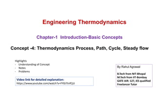 Engineering Thermodynamics
Chapter-1 Introduction-Basic Concepts
Concept -4: Thermodynamics Process, Path, Cycle, Steady flow
Highlights
- Understanding of Concept
- Notes
- Problems
Video link for detailed explanation:
https://www.youtube.com/watch?v=FY0J7tnfCjU
By Rahul Agrawal
B.Tech from NIT-Bhopal
M.Tech from IIT-Bombay
GATE AIR: 127, IES qualified
Freelancer Tutor
 