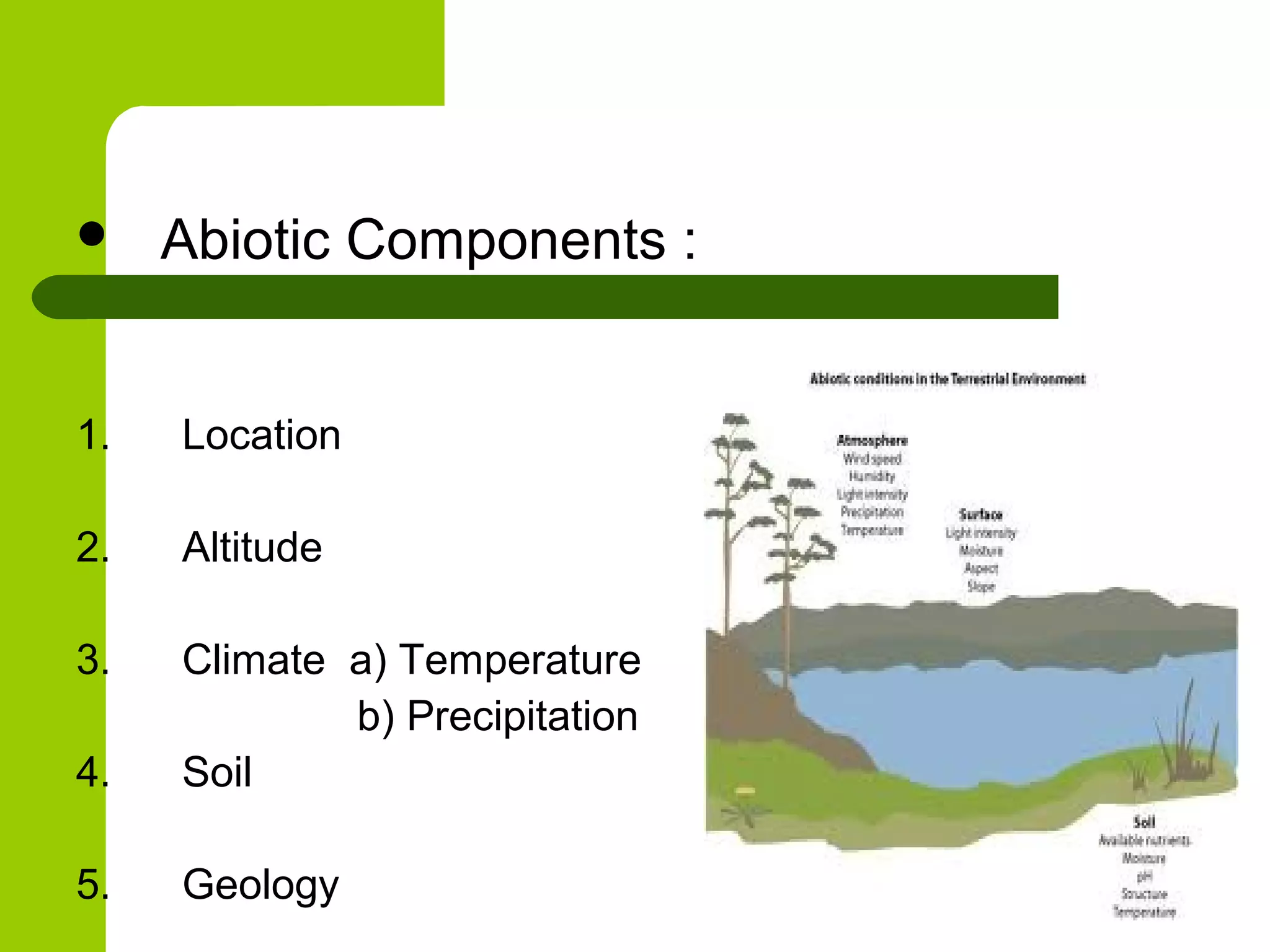     Abiotic Components :


1.   Location

2.   Altitude

3.   Climate a) Temperature
             b) Precipitation
4.   Soil

5.   Geology
 