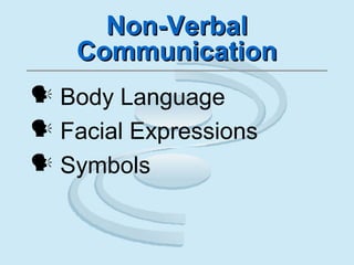 Non-VerbalNon-Verbal
CommunicationCommunication
 Body Language
 Facial Expressions
 Symbols
 