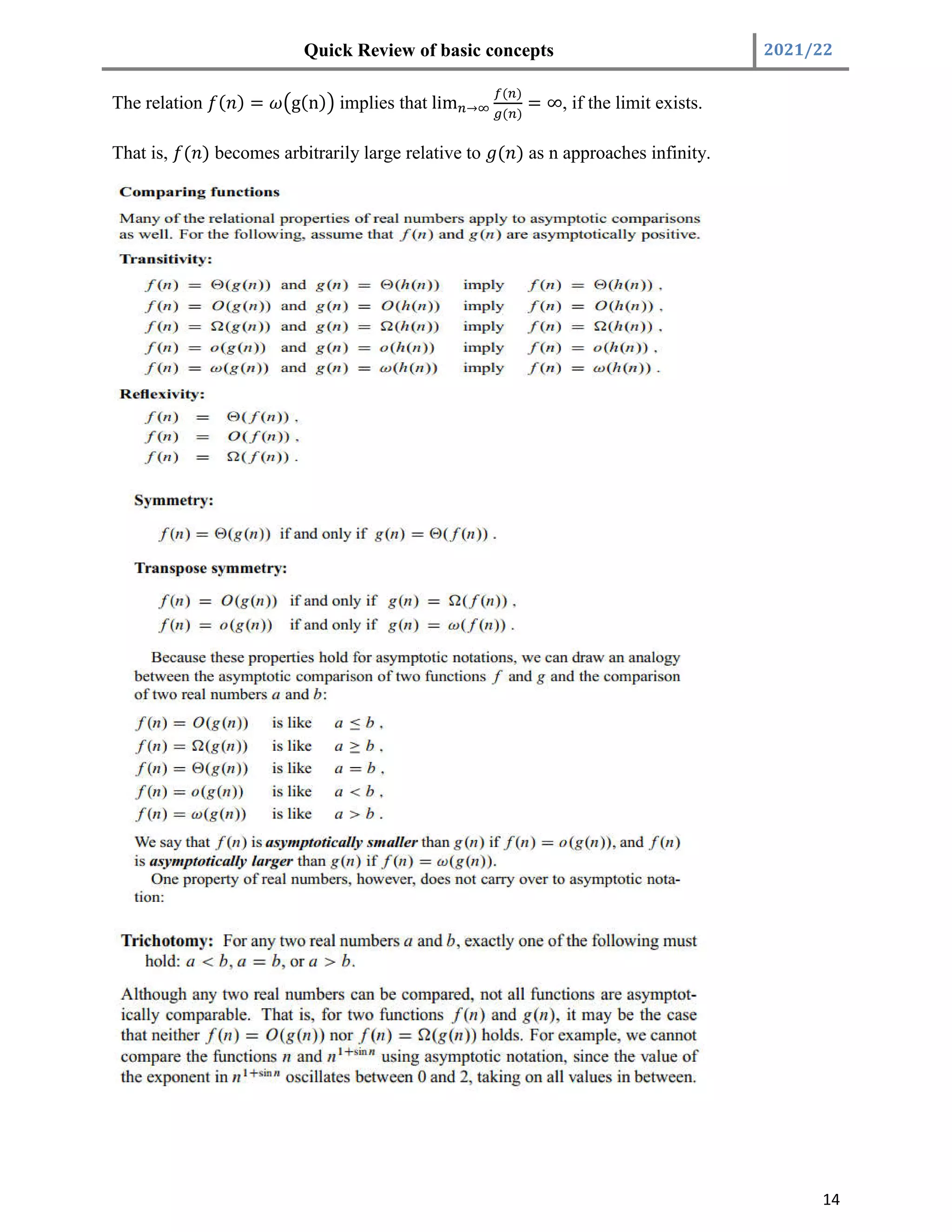 Quick Review of basic concepts 2021/22
14
The relation ( ) = g(n) implies that lim →
( )
( )
= ∞, if the limit exists.
That is, ( ) becomes arbitrarily large relative to ( ) as n approaches infinity.
 