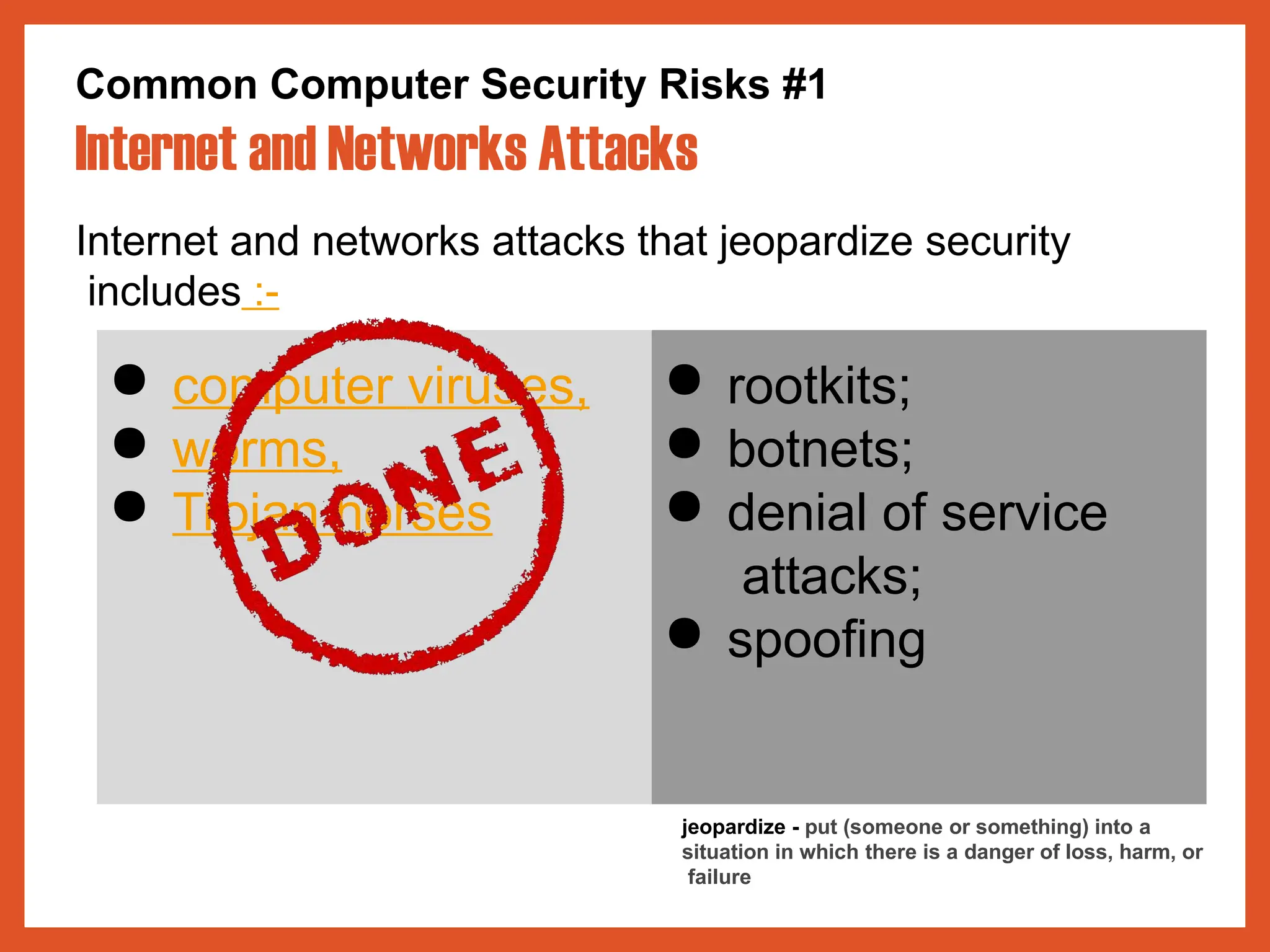 Common Computer Security Risks #1
Internet and Networks Attacks
Internet and networks attacks that jeopardize security
includes :-
jeopardize - put (someone or something) into a
situation in which there is a danger of loss, harm, or
failure
● rootkits;
● botnets;
● denial of service
attacks;
● spoofing
● computer viruses,
● worms,
● Trojan horses
 
