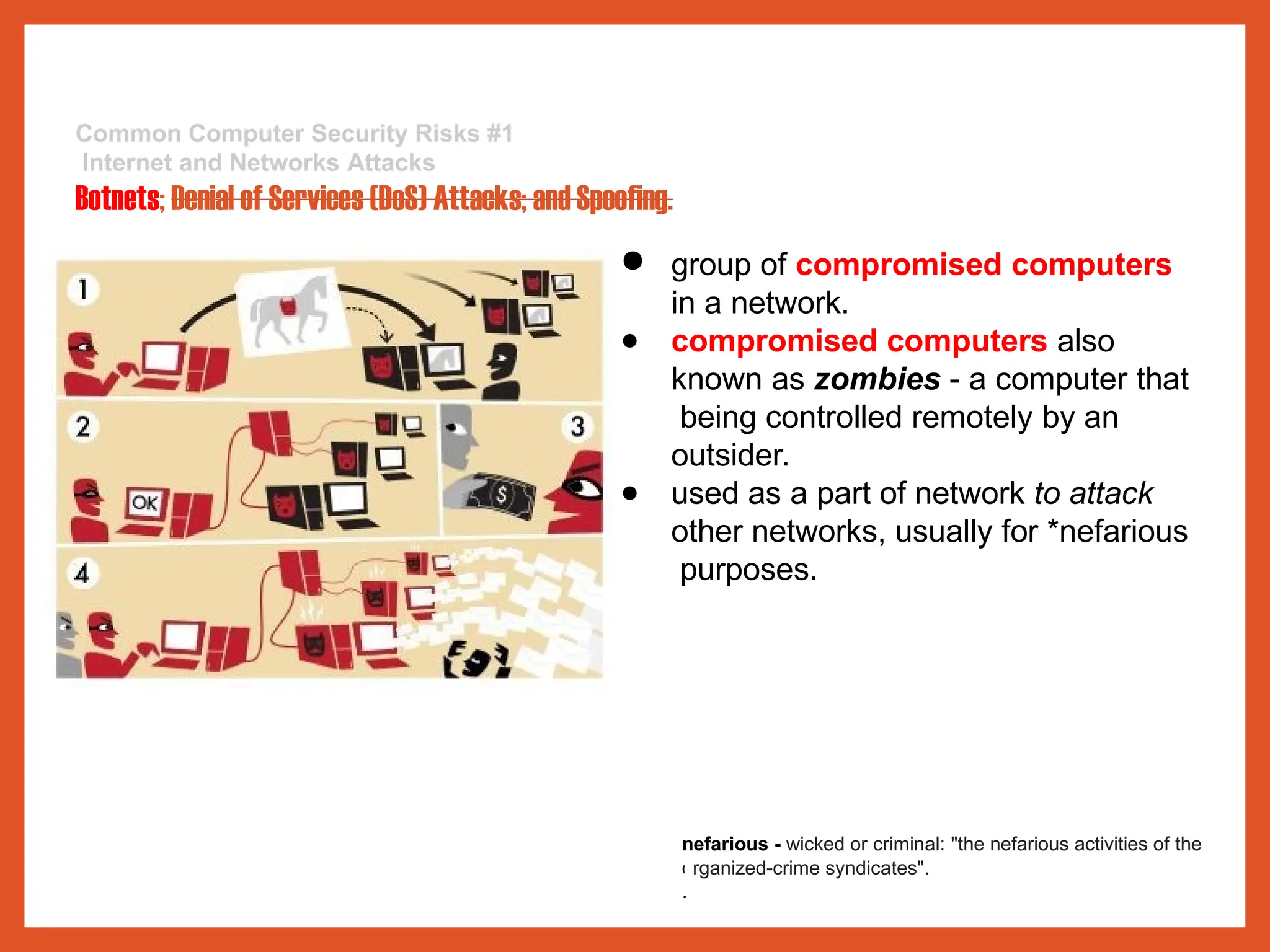 Common Computer Security Risks #1
Internet and Networks Attacks
Botnets; Denial of Services (DoS) Attacks; and Spoofing.
● group of compromised computers
in a network.
● compromised computers also
known as zombies - a computer that
being controlled remotely by an
outsider.
● used as a part of network to attack
other networks, usually for *nefarious
purposes.
nefarious - wicked or criminal: "the nefarious activities of the
organized-crime syndicates".
.
 
