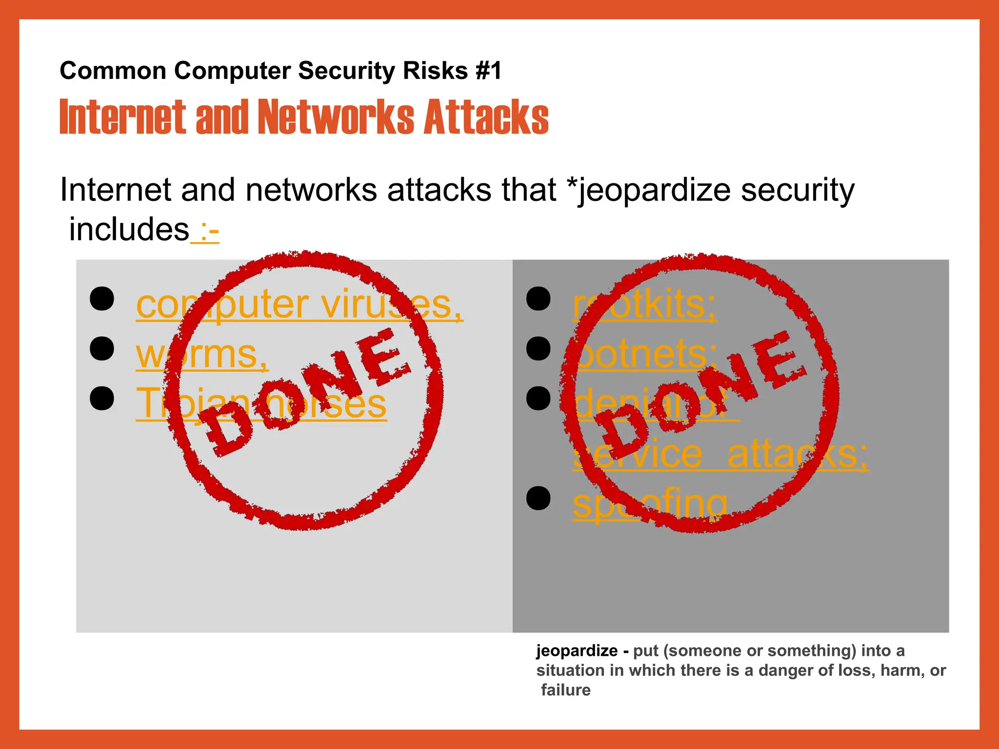 Common Computer Security Risks #1
Internet and Networks Attacks
Internet and networks attacks that *jeopardize security
includes :-
jeopardize - put (someone or something) into a
situation in which there is a danger of loss, harm, or
failure
● rootkits;
● botnets;
● denial of
service attacks;
● spoofing
● computer viruses,
● worms,
● Trojan horses
 