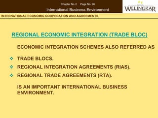 Chapter No. 2   Page No. 96

                      International Business Environment
INTERNATIONAL ECONOMIC COOPERATION AND AGREEMENTS




     REGIONAL ECONOMIC INTEGRATION (TRADE BLOC)

        ECONOMIC INTEGRATION SCHEMES ALSO REFERRED AS

        TRADE BLOCS.
        REGIONAL INTEGRATION AGREEMENTS (RIAS).
        REGIONAL TRADE AGREEMENTS (RTA).

        IS AN IMPORTANT INTERNATIONAL BUSINESS
        ENVIRONMENT.
 