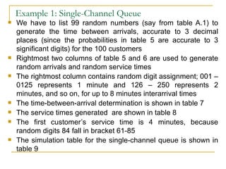 Example 1: Single-Channel Queue We have to list 99 random numbers (say from table A.1) to generate the time between arrivals, accurate to 3 decimal places (since the probabilities in table 5 are accurate to 3 significant digits) for the 100 customers Rightmost two columns of table 5 and 6 are used to generate random arrivals and random service times The rightmost column contains random digit assignment; 001 – 0125 represents 1 minute and 126 – 250 represents 2 minutes, and so on, for up to 8 minutes interarrival times The time-between-arrival determination is shown in table 7 The service times generated  are shown in table 8  The first customer’s service time is 4 minutes, because random digits 84 fall in bracket 61-85 The simulation table for the single-channel queue is shown in table 9  