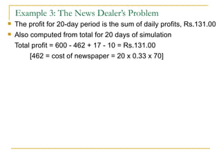 Example 3: The News Dealer’s Problem The profit for 20-day period is the sum of daily profits, Rs.131.00 Also computed from total for 20 days of simulation Total profit = 600 - 462 + 17 - 10 = Rs.131.00 [462 = cost of newspaper = 20 x 0.33 x 70] 