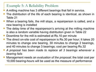 Example 5: A Reliability Problem A milling machine has 3 different bearings that fail in service. The distribution of the life of each bearing is identical, as shown in Table 21 When a bearing fails, the mill stops, a repairperson is called, and a new bearing is installed The delay time of the repairperson’s arriving at the milling machine is also a random variable having distribution given in Table 22 Downtime for the mill is estimated at Rs.10 per minute The direct on-site cost of repairperson is Rs.30 per hour; It takes 20 minutes to change one bearing, 30 minutes to change 2 bearings, and 40 minutes to change 3 bearings; cost per bearing Rs.32 A proposal has been made to replace all 3 bearings whenever a bearing fails Management needs an  evaluation of the proposal ; the total cost per 10,000 bearing-hours will be used as the measure of performance 