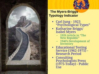 • Carl Jung - 1923
“Psychological Types”
• Katharine Briggs/
Isabel Myers
– 1926 Article in “The
New Republic”
– 1940’s Development of
Inventory
• Educational Testing
Service (1962-1975) -
Research Period
• Consulting
Psychologists Press
(1975-Today) - Public
Use
The Myers­Briggs
Typology Indicator
 