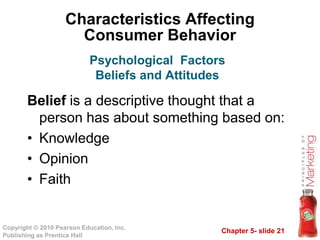 Chapter 5- slide 21
Copyright © 2010 Pearson Education, Inc.
Publishing as Prentice Hall
Characteristics Affecting
Consumer Behavior
Belief is a descriptive thought that a
person has about something based on:
• Knowledge
• Opinion
• Faith
Psychological Factors
Beliefs and Attitudes
 