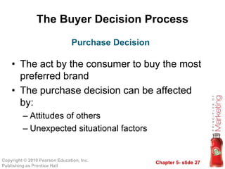 Chapter 5- slide 27
Copyright © 2010 Pearson Education, Inc.
Publishing as Prentice Hall
The Buyer Decision Process
• The act by the consumer to buy the most
preferred brand
• The purchase decision can be affected
by:
– Attitudes of others
– Unexpected situational factors
Purchase Decision
 