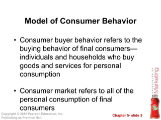 Chapter 5- slide 3
Copyright © 2010 Pearson Education, Inc.
Publishing as Prentice Hall
• Consumer buyer behavior refers to the
buying behavior of final consumers—
individuals and households who buy
goods and services for personal
consumption
• Consumer market refers to all of the
personal consumption of final
consumers
Model of Consumer Behavior
 