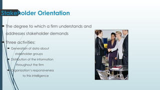 Stakeholder Orientation
 The degree to which a firm understands and
addresses stakeholder demands
 Three activities:
 Generation of data about
stakeholder groups
 Distribution of the information
throughout the firm
 Organization’s responsiveness
to this intelligence
 