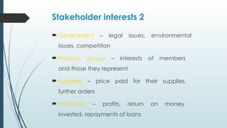 Stakeholder interests 2
 Government – legal issues, environmental
issues, competition
 Pressure groups – interests of members
and those they represent
 Suppliers – price paid for their supplies,
further orders
 Financiers – profits, return on money
invested, repayments of loans
 