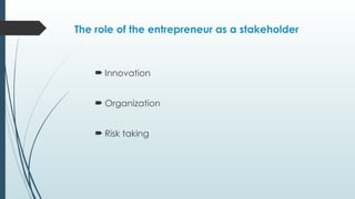 The role of the entrepreneur as a stakeholder
 Innovation
 Organization
 Risk taking
 