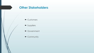 Other Stakeholders
 Customers
 Suppliers
 Government
 Community
 