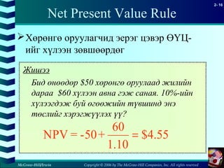 Copyright © 2006 by The McGraw-Hill Companies, Inc. All rights reserved
2- 16
McGraw-Hill/Irwin
Net Present Value Rule
Хөрөнгө оруулагчид эерэг цэвэр ӨҮЦ-
ийг хүлээн зөвшөөрдөг
Жишээ
Бид өнөөдөр $50 хөрөнгө оруулаад жилийн
дараа $60 хүлээн авна гэж саная. 10%-ийн
хүлээгдэж буй өгөөжийн түвшинд энэ
төслийг хэрэгжүүлэх үү?
55.4$
1.10
60
+-50=NPV =
 