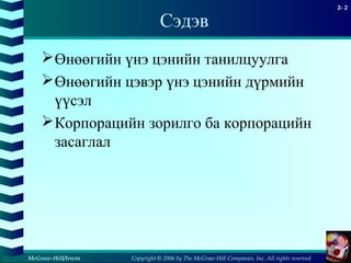 Copyright © 2006 by The McGraw-Hill Companies, Inc. All rights reserved
2- 2
McGraw-Hill/Irwin
Сэдэв
Өнөөгийн үнэ цэнийн танилцуулга
Өнөөгийн цэвэр үнэ цэнийн дүрмийн
үүсэл
Корпорацийн зорилго ба корпорацийн
засаглал
 