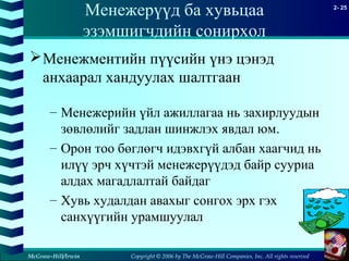 Copyright © 2006 by The McGraw-Hill Companies, Inc. All rights reserved
2- 25
McGraw-Hill/Irwin
Менежерүүд ба хувьцаа
эзэмшигчдийн сонирхол
Менежментийн пүүсийн үнэ цэнэд
анхаарал хандуулах шалтгаан
– Менежерийн үйл ажиллагаа нь захирлуудын
зөвлөлийг задлан шинжлэх явдал юм.
– Орон тоо бөглөгч идэвхгүй албан хаагчид нь
илүү эрч хүчтэй менежерүүдэд байр сууриа
алдах магадлалтай байдаг
– Хувь худалдан авахыг сонгох эрх гэх мэт
санхүүгийн урамшуулал
 