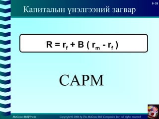 Copyright © 2006 by The McGraw-Hill Companies, Inc. All rights reserved
8- 28
McGraw-Hill/Irwin
Капиталын үнэлгээний загвар
R = rf + B ( rm - rf )
CAPM
 