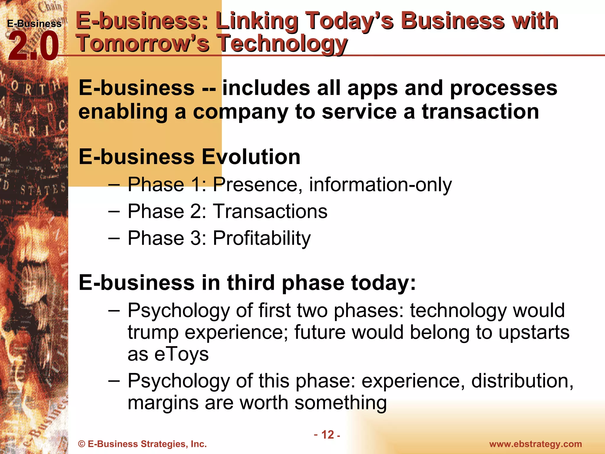 E-business: Linking Today’s Business with Tomorrow’s Technology E-business -- includes all apps and processes enabling a company to service a transaction  E-business Evolution Phase 1: Presence, information-only Phase 2: Transactions Phase 3: Profitability E-business in third phase today:  Psychology of first two phases: technology would trump experience; future would belong to upstarts as eToys Psychology of this phase: experience, distribution, margins are worth something 