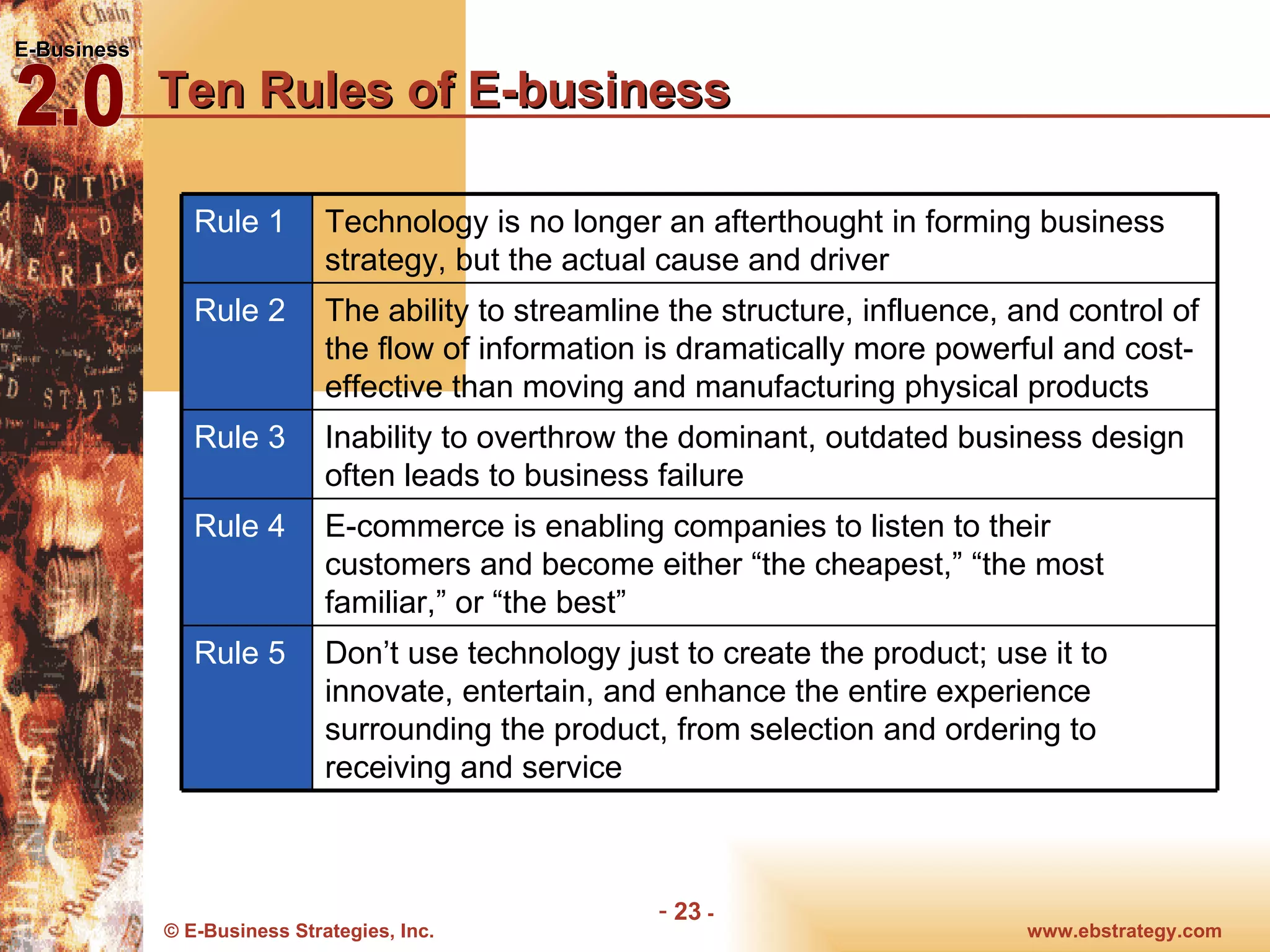 Ten Rules of E-business Don’t use technology just to create the product; use it to innovate, entertain, and enhance the entire experience surrounding the product, from selection and ordering to receiving and service Rule 5 E-commerce is enabling companies to listen to their customers and become either “the cheapest,” “the most familiar,” or “the best” Rule 4 Inability to overthrow the dominant, outdated business design often leads to business failure Rule 3 The ability to streamline the structure, influence, and control of the flow of information is dramatically more powerful and cost-effective than moving and manufacturing physical products Rule 2 Technology is no longer an afterthought in forming business strategy, but the actual cause and driver Rule 1 