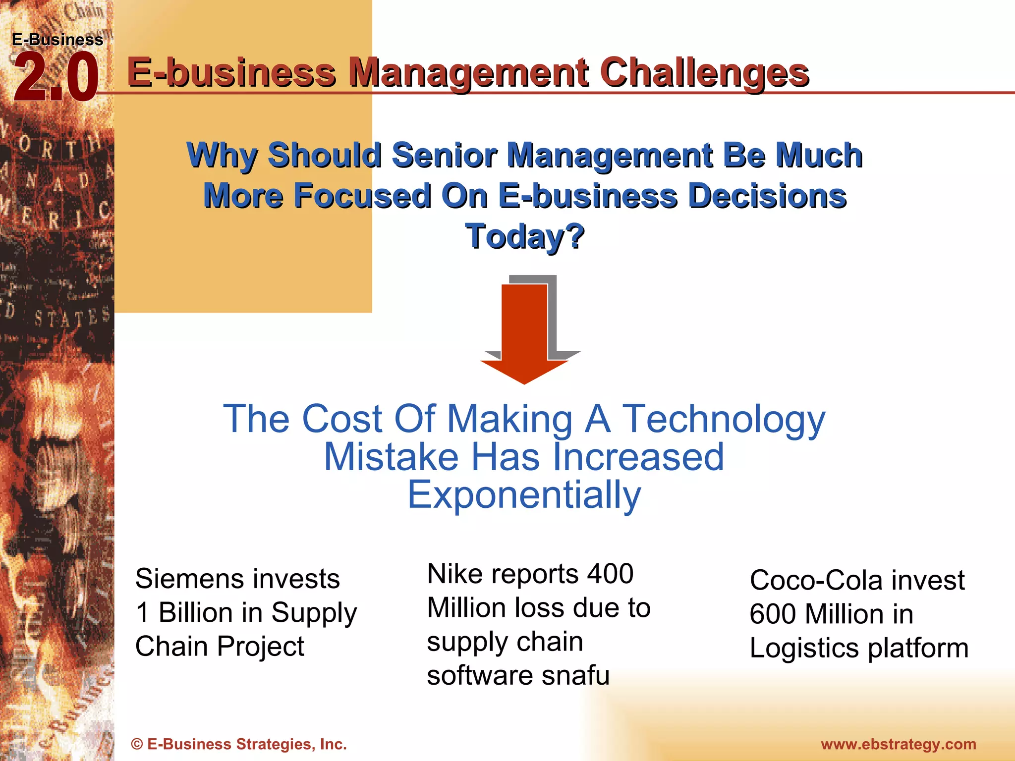 E-business Management Challenges The Cost Of Making A Technology Mistake Has Increased Exponentially Coco-Cola invest 600 Million in Logistics platform Siemens invests  1 Billion in Supply Chain Project Nike reports 400 Million loss due to supply chain software snafu  Why Should Senior Management Be Much More Focused On E-business Decisions Today? 