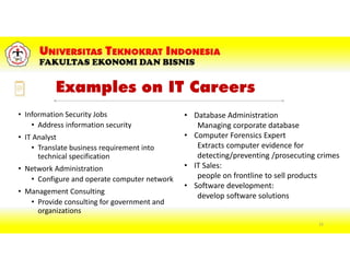 Examples on IT Careers
• Information Security Jobs
• Address information security
• IT Analyst
• Translate business requirement into
technical specification
• Network Administration
• Configure and operate computer network
• Management Consulting
• Provide consulting for government and
organizations
• Database Administration
Managing corporate database
• Computer Forensics Expert
Extracts computer evidence for
detecting/preventing /prosecuting crimes
• IT Sales:
people on frontline to sell products
• Software development:
develop software solutions
15
 