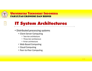 IT System Architectures
• Distributed processing systems
• Client-Server Computing
• Two-tier architecture
• Three-tier architecture
• N-tier architecture
• Web-Based Computing
• Cloud Computing
• Peer-to-Peer Computing
2-29
 
