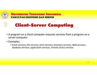 Client-Server Computing
• A program on a client computer requests services from a program on a
server computer
• Examples:
• Email services, file services, print services, directory services, Web services,
database services, application services, remote access services
2-30
 