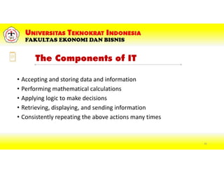 The Components of IT
• Accepting and storing data and information
• Performing mathematical calculations
• Applying logic to make decisions
• Retrieving, displaying, and sending information
• Consistently repeating the above actions many times
45
 