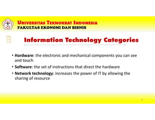 Information Technology Categories
• Hardware: the electronic and mechanical components you can see
and touch
• Software: the set of instructions that direct the hardware
• Network technology: increases the power of IT by allowing the
sharing of resource
46
 