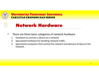 Network Hardware
• There are three basic categories of network hardware
1. Hardware to connect a device to a network.
2. Specialized hardware for handling network traffic.
3. Specialized computers that control the network and delivery of data on the
network.
66
 