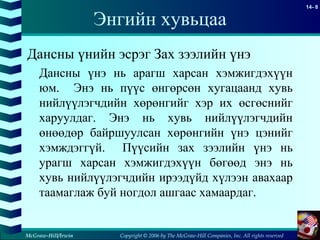 Copyright © 2006 by The McGraw-Hill Companies, Inc. All rights reserved
14- 8
McGraw-Hill/Irwin
Энгийн хувьцаа
Дансны үнийн эсрэг Зах зээлийн үнэ
Дансны үнэ нь арагш харсан хэмжигдэхүүн
юм. Энэ нь пүүс өнгөрсөн хугацаанд хувь
нийлүүлэгчдийн хөрөнгийг хэр их өсгөснийг
харуулдаг. Энэ нь хувь нийлүүлэгчдийн
өнөөдөр байршуулсан хөрөнгийн үнэ цэнийг
хэмждэггүй. Пүүсийн зах зээлийн үнэ нь
урагш харсан хэмжигдэхүүн бөгөөд энэ нь
хувь нийлүүлэгчдийн ирээдүйд хүлээн авахаар
таамаглаж буй ногдол ашгаас хамаардаг.
 