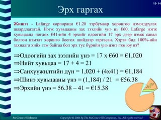 Copyright © 2006 by The McGraw-Hill Companies, Inc. All rights reserved
15- 14
McGraw-Hill/Irwin
Эрх гаргах
⇒Одоогийн зах зээлийн үнэ = 17 x €60 = €1,020
⇒Нийт хувьцаа = 17 + 4 = 21
⇒Санхүүжилтийн дүн = 1,020 + (4x41) = €1,184
⇒Шинэ хувьцааны үнэ = (1,184) / 21 = €56.38
⇒Эрхийн үнэ = 56.38 – 41 = €15.38
Жишээ - Lafarge корпораци €1.28 тэрбумаар хөрөнгөө нэмэгдүүлэх
шаардлагатай. Нэгж хувьцааны зах зээлийн үнэ нь €60. Lafarge нэгж
хувьцаанд ногдох €41-ийн 4 эрхийг одоогийн 17 эрх дээр нэмж санал
болгон нэмэлт хөрөнгө босгох шийдвэр гаргасан. Хэрэв бид 100%-ийн
захиалга хийх гэж байгаа бол эрх тус бүрийн үнэ цэнэ гэж юу вэ?
 