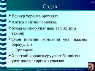 Copyright © 2006 by The McGraw-Hill Companies, Inc. All rights reserved
15- 2
McGraw-Hill/Irwin
Сэдэв
Венчур хөрөнгө оруулалт
Анхны нийтийн арилжаа
Бусад шинээр үнэт цаас гаргах арга
техник
Олон нийтийн компаний үнэт цаасны
борлуулалт
– Эрх гаргах
Хаалттай хөрөнгө оруулалт ба нийтэд
үнэт цаасыг гаргаж худалдах
 