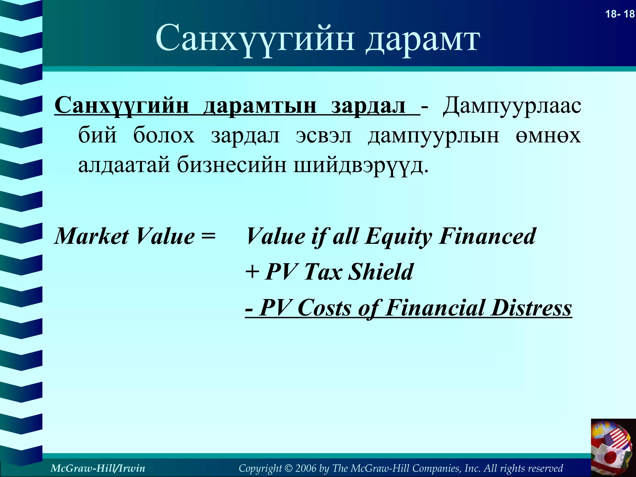 Copyright © 2006 by The McGraw-Hill Companies, Inc. All rights reserved
18- 18
McGraw-Hill/Irwin
Санхүүгийн дарамт
Санхүүгийн дарамтын зардал - Дампуурлаас
бий болох зардал эсвэл дампуурлын өмнөх
алдаатай бизнесийн шийдвэрүүд.
Market Value = Value if all Equity Financed
+ PV Tax Shield
- PV Costs of Financial Distress
 