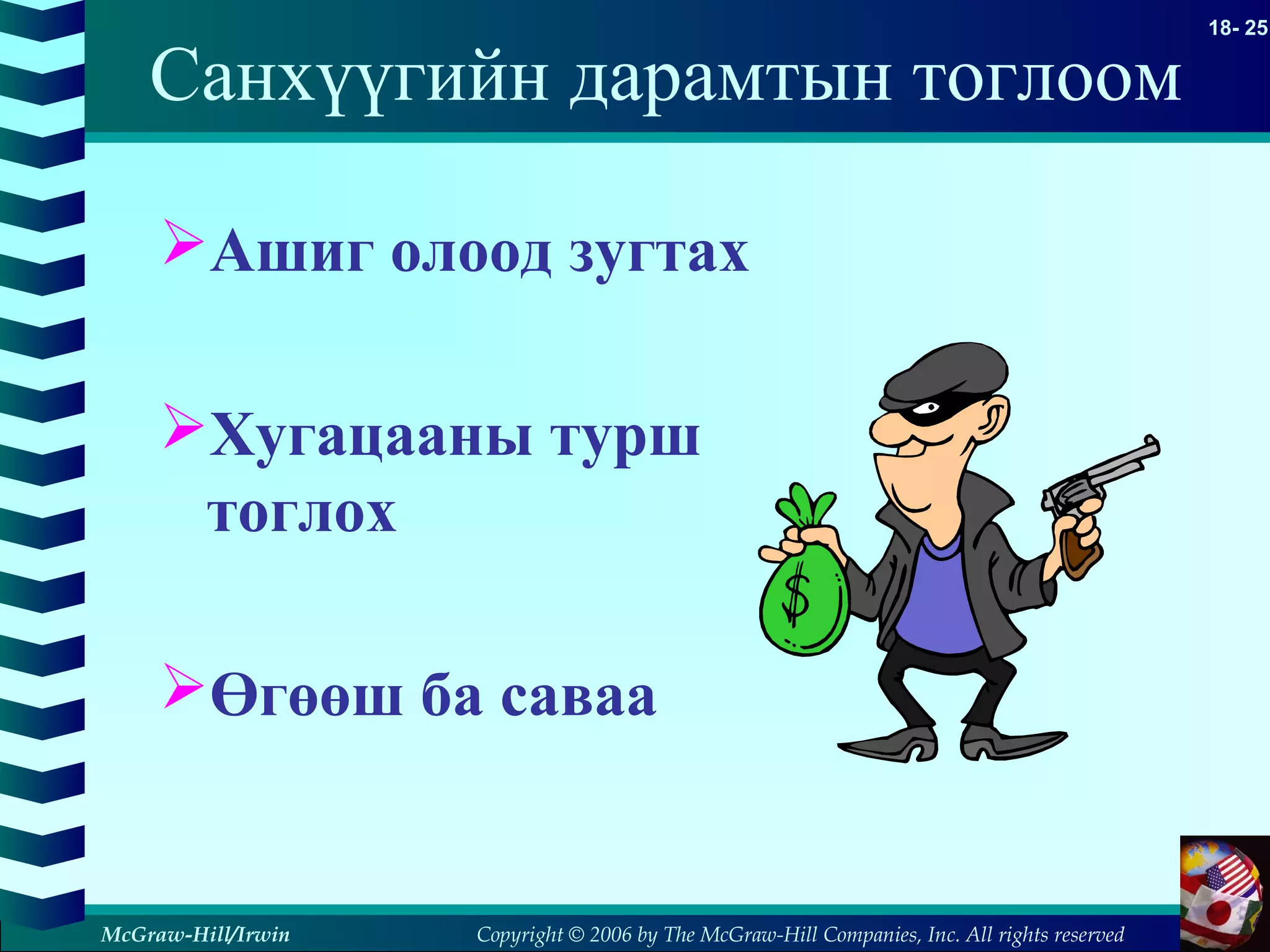 Copyright © 2006 by The McGraw-Hill Companies, Inc. All rights reserved
18- 25
McGraw-Hill/Irwin
Санхүүгийн дарамтын тоглоом
Ашиг олоод зугтах
Хугацааны турш
тоглох
Өгөөш ба саваа
 
