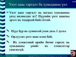 Copyright © 2006 by The McGraw-Hill Companies, Inc. All rights reserved
18- 28
McGraw-Hill/Irwin
Үнэт цаас гаргалт ба хувьцааны үнэ
Үнэт цаас гаргалт нь яагаад хувьцааны
үнэд нөлөөлдөг вэ? Пүүсийн үнэт цаасны
эрэлт нь тодорхой байх ёстой.
 Пүүс бүр нь хувинтай усан дахь 1 дусал
 Орлуулах үнэт цаас олон бий.
 Их хэмжээний өрийн бичиг гаргах нь
хувьцааны үнийг их хэмжээгээр
унагахгүй.
 