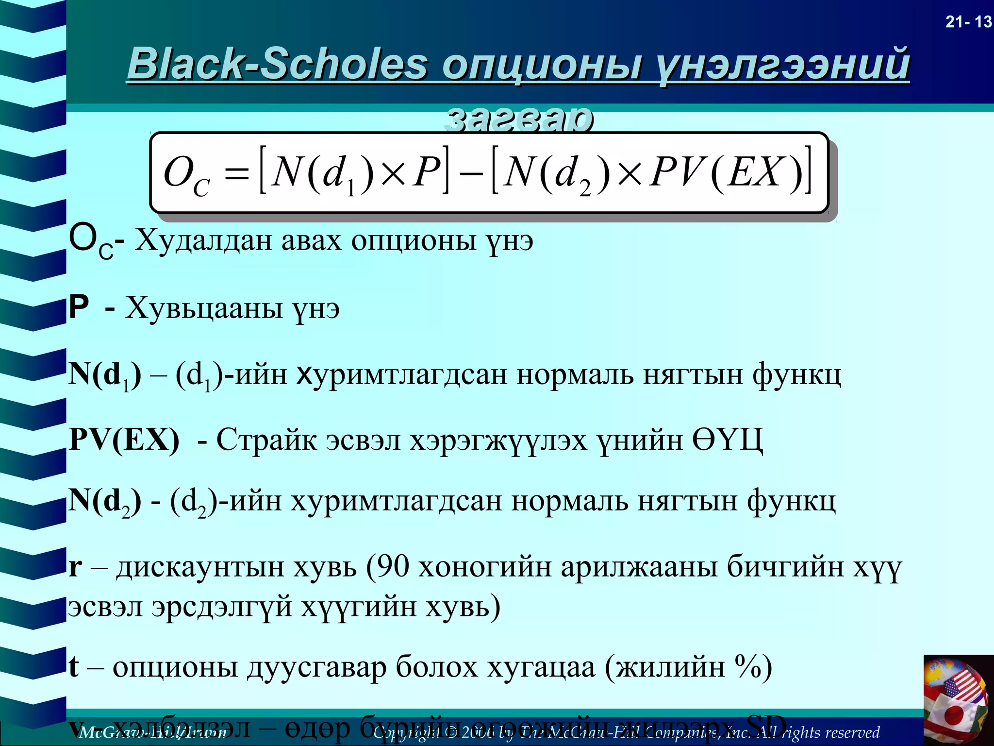 Copyright © 2006 by The McGraw-Hill Companies, Inc. All rights reserved
21- 13
McGraw-Hill/Irwin
OC- Худалдан авах опционы үнэ
P - Хувьцааны үнэ
N(d1) – (d1)-ийн хуримтлагдсан нормаль нягтын функц
PV(EX) - Страйк эсвэл хэрэгжүүлэх үнийн ӨҮЦ
N(d2) - (d2)-ийн хуримтлагдсан нормаль нягтын функц
r – дискаунтын хувь (90 хоногийн арилжааны бичгийн хүү
эсвэл эрсдэлгүй хүүгийн хувь)
t – опционы дуусгавар болох хугацаа (жилийн %)
v - хэлбэлзэл – өдөр бүрийн өгөөжийн жилээрх SD
Black-ScholesBlack-Scholes опционы үнэлгээнийопционы үнэлгээний
загварзагвар
[ ] [ ])()()( 21 EXPVdNPdNOC ×−×=
 
