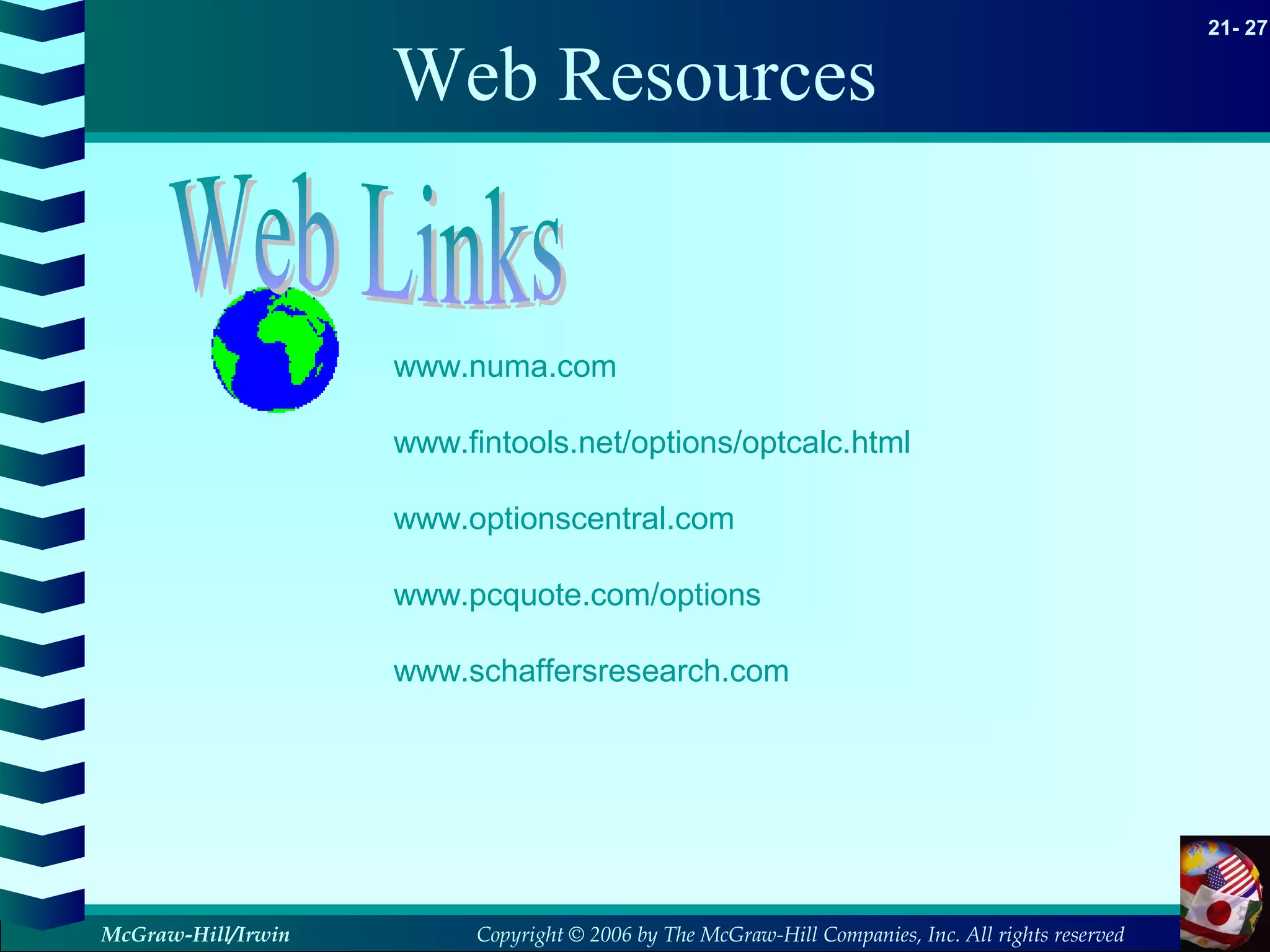 Copyright © 2006 by The McGraw-Hill Companies, Inc. All rights reserved
21- 27
McGraw-Hill/Irwin
Web Resources
www.numa.com
www.fintools.net/options/optcalc.html
www.optionscentral.com
www.pcquote.com/options
www.schaffersresearch.com
 