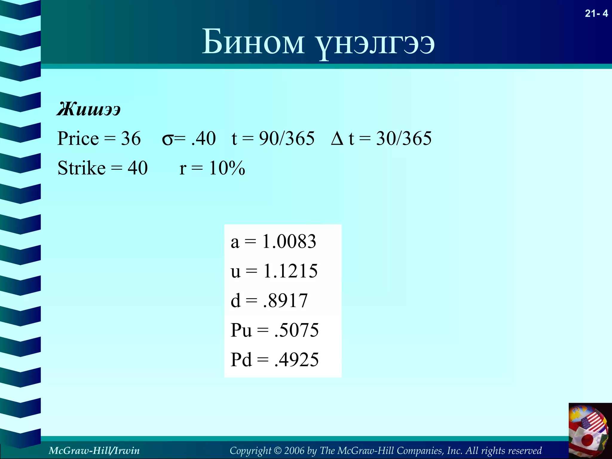 Copyright © 2006 by The McGraw-Hill Companies, Inc. All rights reserved
21- 4
McGraw-Hill/Irwin
Жишээ
Price = 36 σ = .40 t = 90/365 ∆ t = 30/365
Strike = 40 r = 10%
Бином үнэлгээ
a = 1.0083
u = 1.1215
d = .8917
Pu = .5075
Pd = .4925
 