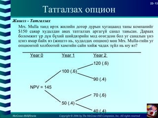 Copyright © 2006 by The McGraw-Hill Companies, Inc. All rights reserved
22- 13
McGraw-Hill/Irwin
Жишээ - Татгалзах
Mrs. Mulla танд ирэх жилийн дотор дурын хугацаанд таны компанийг
$150 саяар худалдан авах татгалзах аргагүй санал тавьсан. Дараах
боломжит үр дүн бүхий шийдвэрийн мод өгөгдсөн бол уг саналын үнэ
цэнэ ямар байх вэ (жишээ нь, худалдах опцион) мөн Mrs. Mulla-гийн уг
опционтой холбоотой хамгийн сайн хийж чадах зүйл нь юу вэ?
Татгалзах опцион
Year 0 Year 1 Year 2
120 (.6)
100 (.6)
90 (.4)
NPV = 145
70 (.6)
50 (.4)
40 (.4)
 