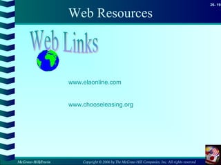 Copyright © 2006 by The McGraw-Hill Companies, Inc. All rights reserved
26- 19
McGraw-Hill/Irwin
Web Resources
www.elaonline.com
www.chooseleasing.org
 