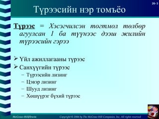 Copyright © 2006 by The McGraw-Hill Companies, Inc. All rights reserved
26- 3
McGraw-Hill/Irwin
Түрээсийн нэр томъёо
Түрээс = Хэсэгчилсэн тогтмол төлбөр
агуулсан 1 ба түүнээс дээш жилийн
түрээсийн гэрээ
 Үйл ажиллагааны түрээс
 Санхүүгийн түрээс
– Түрээсийн лизинг
– Цэвэр лизинг
– Шууд лизинг
– Хөшүүрэг бүхий түрээс
 