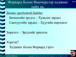 Copyright © 2006 by The McGraw-Hill Companies, Inc. All rights reserved
27- 11
McGraw-Hill/Irwin
Форвард болон Фьючерсээр хеджинг
хийх нь
Бизнес эрсдэлтэй байдаг
Бизнесийн эрсдэл – Хувьсах зардал
Санхүүгийн зардал – Хүүгийн өөрчлөлт
Зорилго – Эрсдлийг арилгах
Хэрхэн?
Хеджинг болон Форвард гэрээ
 